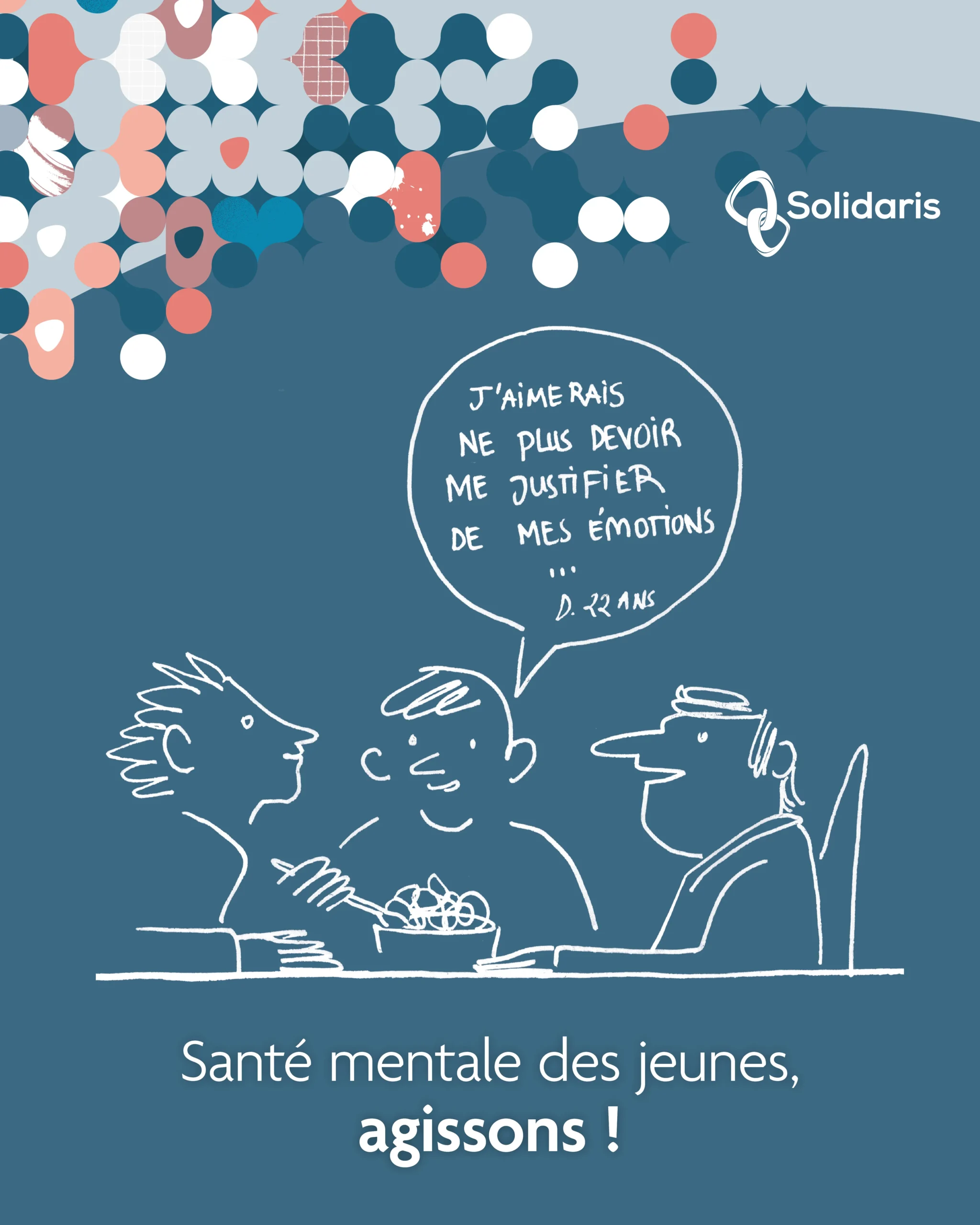 Kit de com 1 Des millions de jeunes vivent ça en silence. Il est temps que les politiques publiques leur répondent. Solidaris publie 10 priorités pour agir sur la santé mentale des jeunes.